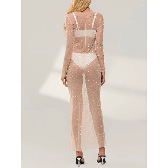 Louatui Women's Mesh Pearl Cover Up See Through Long Sleeve Dress Summer Swimwea - Picture 3 of 11